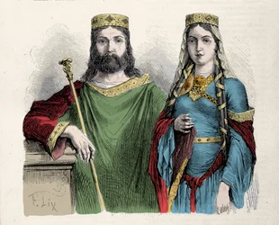Klodvig (481-511), frankernes konge, med sin andre hustru, den hellige Clotilde (Clothilde), dronning. Gravering av Lix.