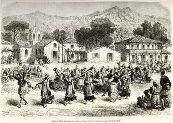 Folkedans på bygdeplassen Haggia Anna (St. Anne). Gravering etter tegningen av Lix, for å illustrere reisen i Hellas, av Henri Belle, i 1861-1868-1874, publisert i "" Le tour du monde""" 1876, redigert av Edouard Charton, Hachette-utgaven, Paris