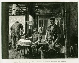 Inne i en ostefabrikk. Gravering av Lix, for å illustrere historien A Through Alsace and Lorraine, av Charles Grad, tysk deputert, i 1885, i tour du monde 1887, under ledelse av Edouard Charton (1807-1890), Hachette, Paris.