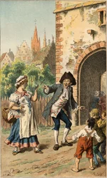 Popular song: “A Paris y a-t-une dame””. A man makes fun of a maid so the face is covered with polish. Illustration by Frederic Theodore Lix (1830-1897) in “” Chansons et rounds enfantines des provinces de la France””