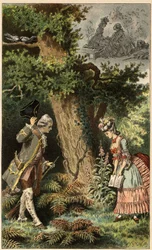 Populær sang: "La oss gå inn i denne sjarmerende lille skogen"". Illustrasjon av Frederic Theodore Lix (1830-1897) i "" Chansons et rounds enfantines des provinces de la France""