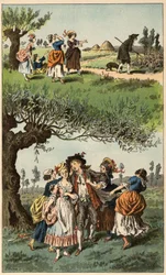 Popular song: “We were three girls””. Illustration by Frederic Theodore Lix (1830-1897) in “” Chansons et rounds enfantines des provinces de la France””