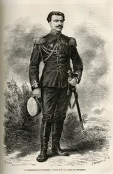 Portrett av den reisende og fortelleren oberstløytnant av Prjewalski, tegning av F.Lix for å illustrere reisen til Mongolia og Tangutenes land fra 1870 til 1873, av oberstløytnant av Prjewalski. Gravering i Le tour du monde
