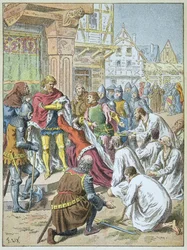 Beleiring av Calais av Edvard III i 1346 - 1347. Dronning Philippa de Hainaut tryglet sin brudgom om å gi borgerskapet i Calais.