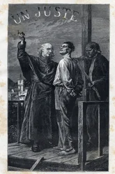 The eveque Myriel accompanies a death sentence that climbs on the scaffold - Illustration by Frederic Theodore Lix (1830-1897) for “The Miserables - First Part: Fantine” by Victor Hugo (1802-1885) 1862