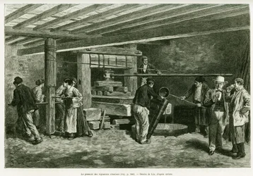 Vinpressen til vinprodusentene i Alsace. Gravering av Lix, for å illustrere historien A Through Alsace and Lorraine, i 1887, av Charles Grad, tysk stedfortreder, i tour du monde 1888, regissert av Edouard Charton (1807-1890), Hachette, Paris.