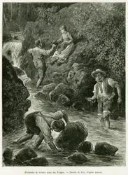 Ørretfiskere i Vogesene. Gravering av Lix, for å illustrere historien A Through Alsace and Lorraine, av Charles Grad, tysk deputert, i 1885, i tour du monde 1887, under ledelse av Edouard Charton (1807-1890), Hachette, Paris.