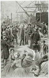 Victor Hugo hyller en universell republikk under en tale mens han var i eksil 1. august 1852, 1800-tallet (bw-gravering)