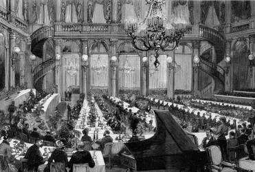 Middagskonsert i festsalen på Grand Hotel de Paris. Gravering av De Haenen i "" The Illustrous World"" nr. 1250 av 12. mars 1881.