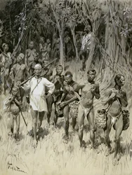 "Hvordan den hvite mannen handler i Kongo-staten: bringe inn gummi og gisler" (monokrom vask på kort)