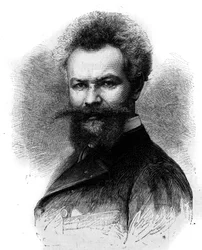Portrett av Mihaly Munkacsy (1844-1900), ungarsk maler. Gravering i "" Le Monde Illustré"" nr. 1306 av 8. april 1882.