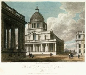 Utsikt over Greenwich Hospital (Kent, England), beskrivelse av kuppelen og det nordøstlige hjørnet av kong Williams (Williams) hoff, med nordfasaden av hallen malt bak, og med en del av dronning Marys gårdsplass og kapell