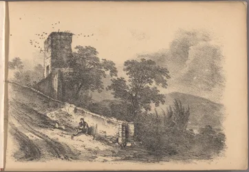 En av en serie med seksti skisser av hytter. London, 1825.