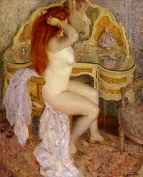 Sittende naken ved toalettbordet hennes, 1909.
