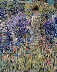 Kvinne i hagen, ca 1912, maleri av Frederick Carl Frieseke (1874-1939), olje på lerret, 81x65 cm