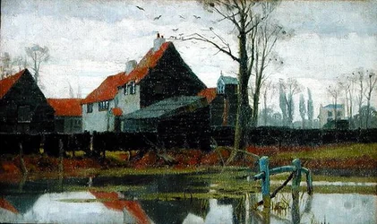 Gårdsbygninger, ca. 1889 (olje på lerret)
