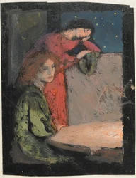 To jenter ved et bord Se ut på en stjerneklar natt, 1905 (tempera på kort)