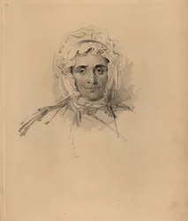 Portrett av Sir Thomas Lawrences mor Lucy Read nær døden. I panser og høyhalset kjole. Håndtonet gravering av Frederick Christian Lewis etter en illustrasjon av Sir Thomas Lawrence fra P.G. Patmore