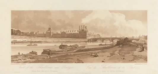 The Emanuel Volume: Plate 1 fra Views in Paris; Utsikt over Thuilleries og broen, tatt fra Quai d'Orsay