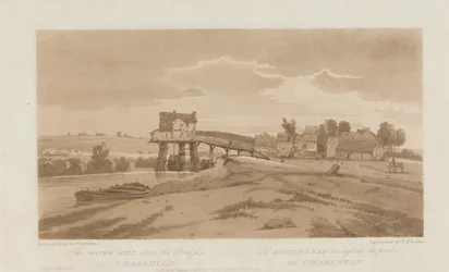 Vannmøllen over broen ved Charenton 1803; Plate 20 fra Views in Paris, Emanuel Volume-sporingen av platen B181.25.2629
