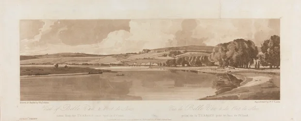 Utsikt over Belle Vue og Pont de Seve tatt fra terrassen nær Pont de St. Cloud 1802; Plate 13 Views in Paris, Emanuel Volume-sporingen av platen B1981.25.2622