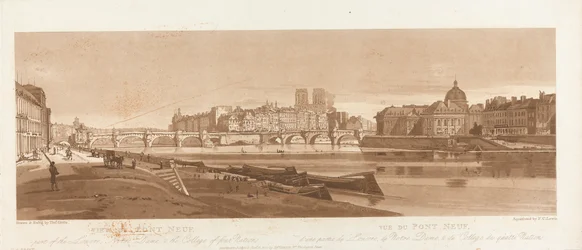 Utsikt over Pont Neuf, en del av Louvre, Notre-Dame og Collège des Quatre-Nations, 1803; plansje 7 fra Utsikter i Paris, Emanuel-bindets avtegning av plansje B1981.25.2616