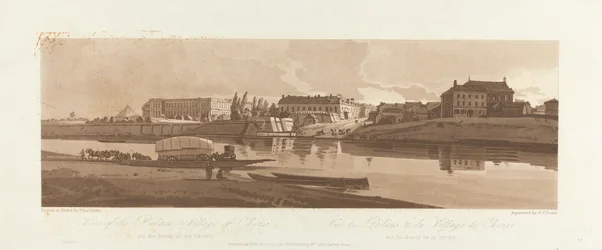 Utsikt over palasset og landsbyen Choisi, på bredden av Siene 1803; Plate 14 fra Views in Paris, Emanuel Volume-sporingen av platen B1981.25.2623