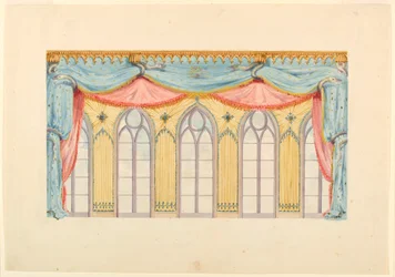 Tegning, vindusdekorasjon, sannsynligvis for østveggen i musikkrommet, Royal Pavilion, Brighton, 1820