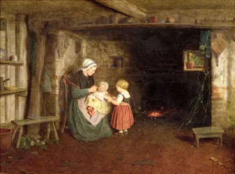 Forventning: Interiør i en hytte med mor og barn, 1854