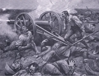 Forsvaret av Dewetsdorp: arbeider med en 15 punds enhånds, illustrasjon fra After Pretoria: The Guerilla War, 1902
