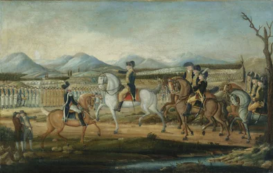 Washington gjennomgår den vestlige hæren i Fort Cumberland, Maryland, etter 1795.