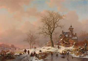 Vinterlandskap med figurer som leker på isen, 1868