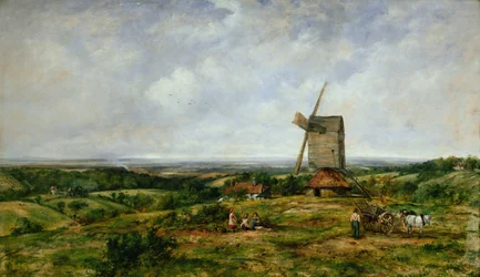 Landskap med figurer ved en vindmølle