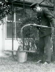 Keeper Thomas Raggett gir en Tawny Frogmouth en dusj, London Zoo, 1924