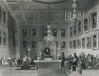 Utsikt over interiøret i Somerset House, viser et møte med Royal Antiquarian Society, ca. 1840