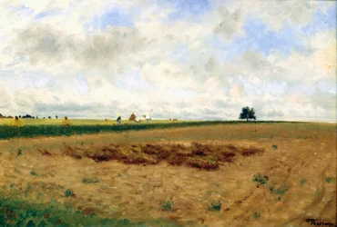 Landskap med høystakker (olje på lerret)