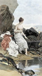Kvinne ved havet som bader i skjul - allegori om sommeren, kalender illustrert av Hubert Dys, malt av F.H. Kaemmerer