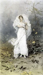 Woman in a Forest - Allegory of Autumn, Calendar illustrert av Hubert Dys, malt av F.H. Kaemmerer