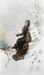 Woman in the Snow: Allegory of Winter, Kalender illustrert av Hubert Dys, malt av F.H. Kaemmerer