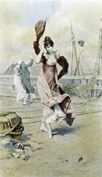 Woman on the seaside - allegori om tidlig vår, kalender illustrert av Hubert Dys, malt av F.H. Kaemmerer