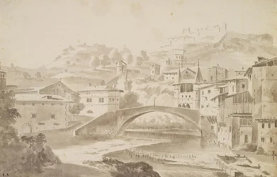 Wien, nær Lyon. Pont Saint-Martin over floden Gére. TV. Priory of Saint-Martin, t.h. Porte de la Rochette og slottet Pipet