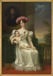 Josephine de Leuchtenberg, dronning av Sverige og Norge, med sønnen Karl XV i armene, sittende foran et portrett av kong Oscar I, Portrett av Josephine av Leuchtenberg (1807-1876), dronning av Sverige og Norge, av Fredric Westin (1782-1862)