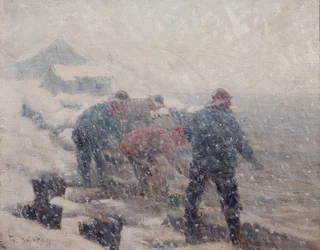 Fiskere drar not i snøstorm (olje på lerret)