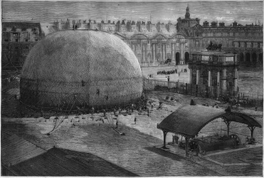 Verdensutstillingen i Paris i 1878: hevelsen av Henri Giffards ballong legger seg på gårdsplassen til Tuileriene. Gravering i "" Le Monde Illustré"" nr. 1112 av 20. juli 1878.