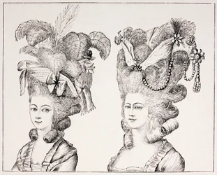 Franske jenter fra 1700-tallet med ekstravagante hårstiler og hatter, 1875