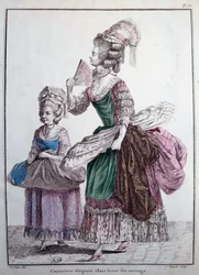 Mote fra 1700-tallet: en elegant designer som leverer arbeidet sitt, en underkjole trimmet med hvaler som brukes til å støtte kvinners kjole. Gravering av 1778 Paris, dekorativ kunst