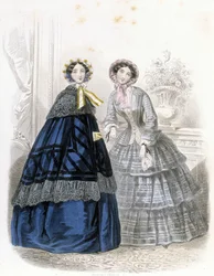 2 fasjonable kvinner: i antrekk - i "" Journal des Demoiselles"" 1852 (gravering)
