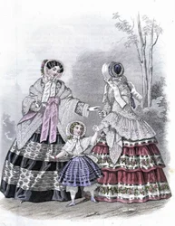 2 fashionable women with a girl on a walk - in “Journal des Demoiselles”” 1852.