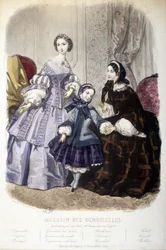 2 women and a girl: Fashion - in “” Magasin des damoiselles””. sd. circa 1850.