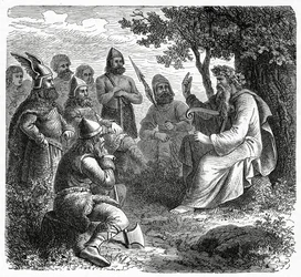 En Bard resiterer til nordmenn, ca. 1882 (tregravering)